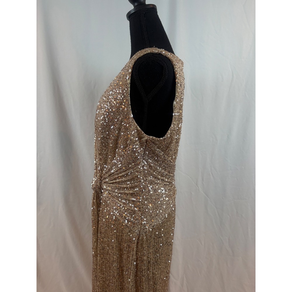 Champagne Gold Sequin Wrap V-Neck Sleeveless Maxi Evening Gown Knot Detail Dress - Picture 6 of 15